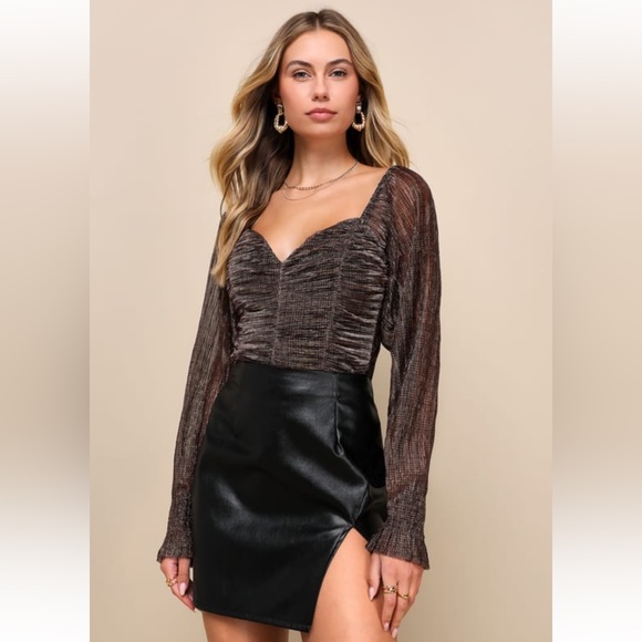 Lulu’s Iconic Approach Brown Plaid Mesh Lurex Ruched Long Sleeve Top. NWT, Sz L - Picture 1 of 5